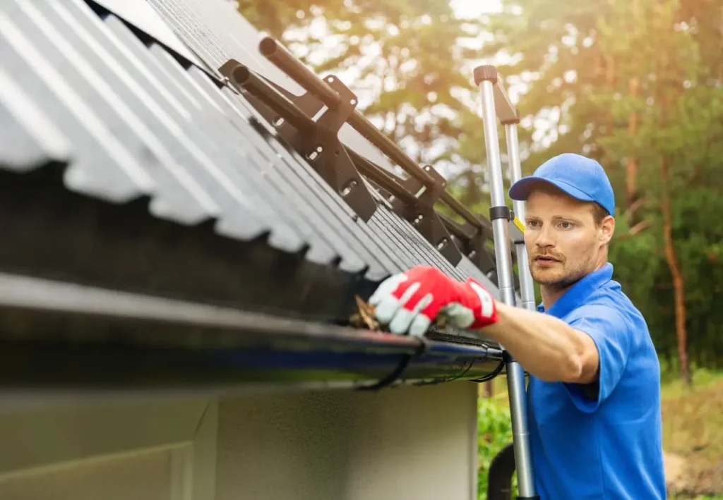 A professional doing gutter cleaning with gutter guards