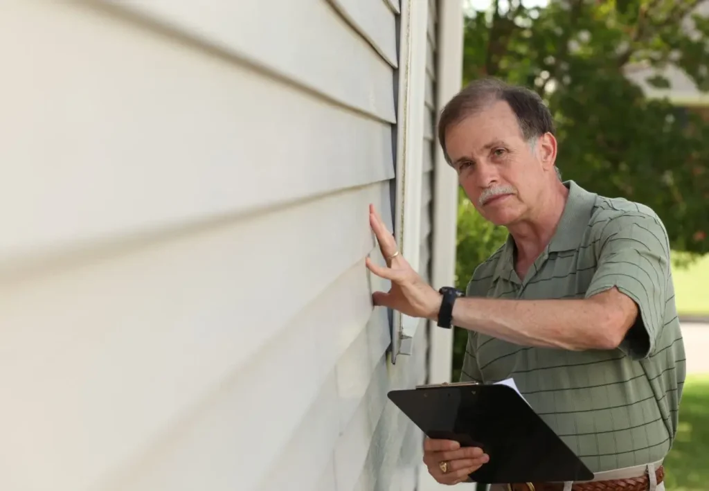 A person assessing the Vinyl Siding damage closely 