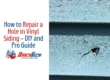 contain text and picture of vinyl siding hole. text is - How to Repair a Hole in Vinyl Siding - DIY and Pro Guide