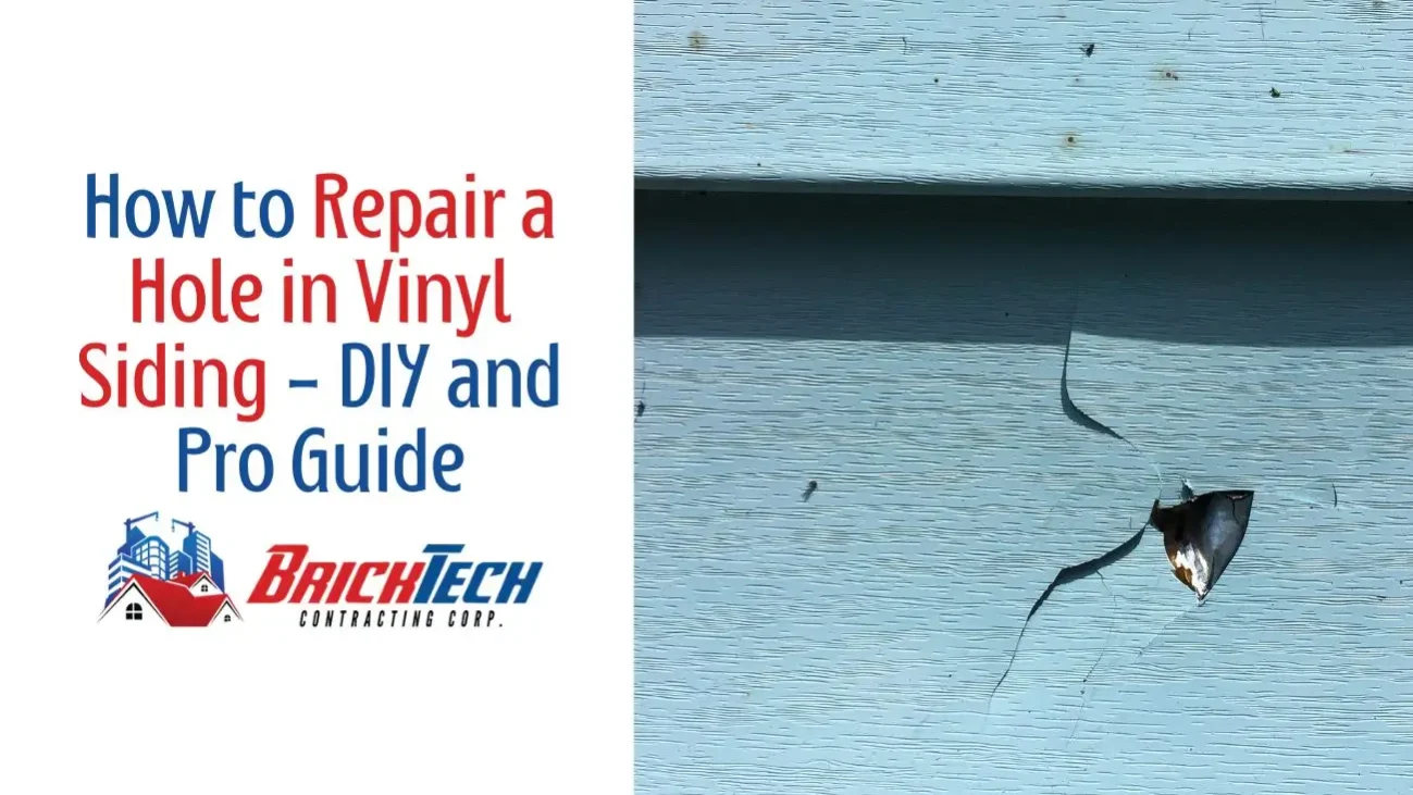 contain text and picture of vinyl siding hole. text is - How to Repair a Hole in Vinyl Siding - DIY and Pro Guide