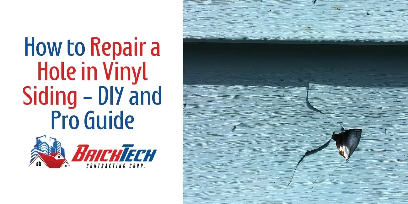 contain text and picture of vinyl siding hole. text is - How to Repair a Hole in Vinyl Siding - DIY and Pro Guide