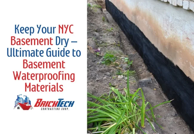A text overlay on an image of a basement interior that reads "Keep Your NYC Basement Dry - Ultimate Guide to Basement Waterproofing Materials" with a Brick Tech Contracting Corp logo. There are also several unrecognizable plants in the foreground.