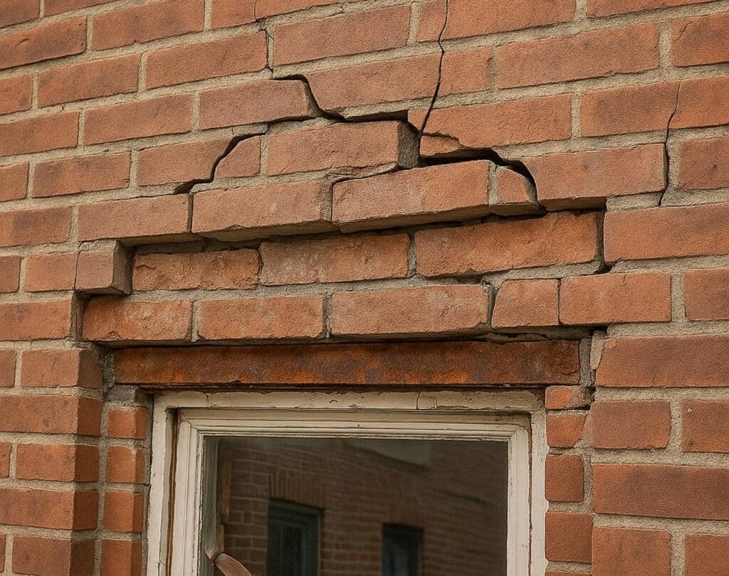 Close-up of a damaged brick wall above a window showing a rusted steel lintel, cracked bricks, and separation caused by water infiltration and corrosion