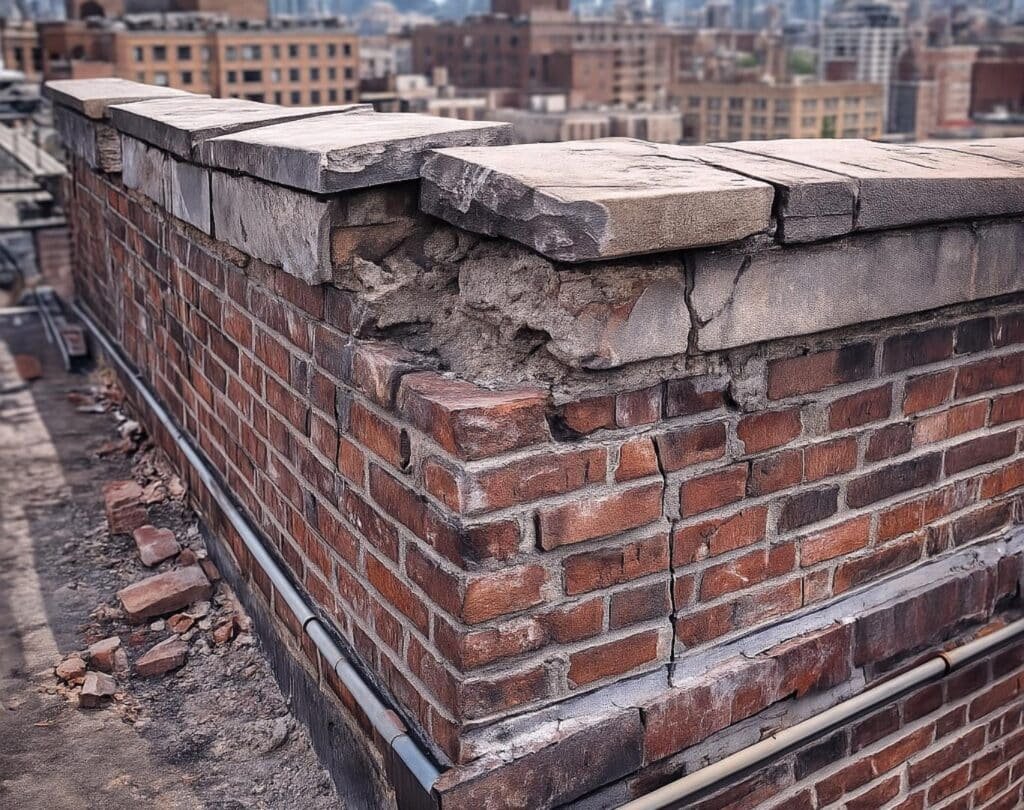 Close-up of a deteriorating parapet wall on a New York City building showing cracked bricks, loose coping stones, missing mortar, and visible damage requiring Local Law 11–compliant repairs