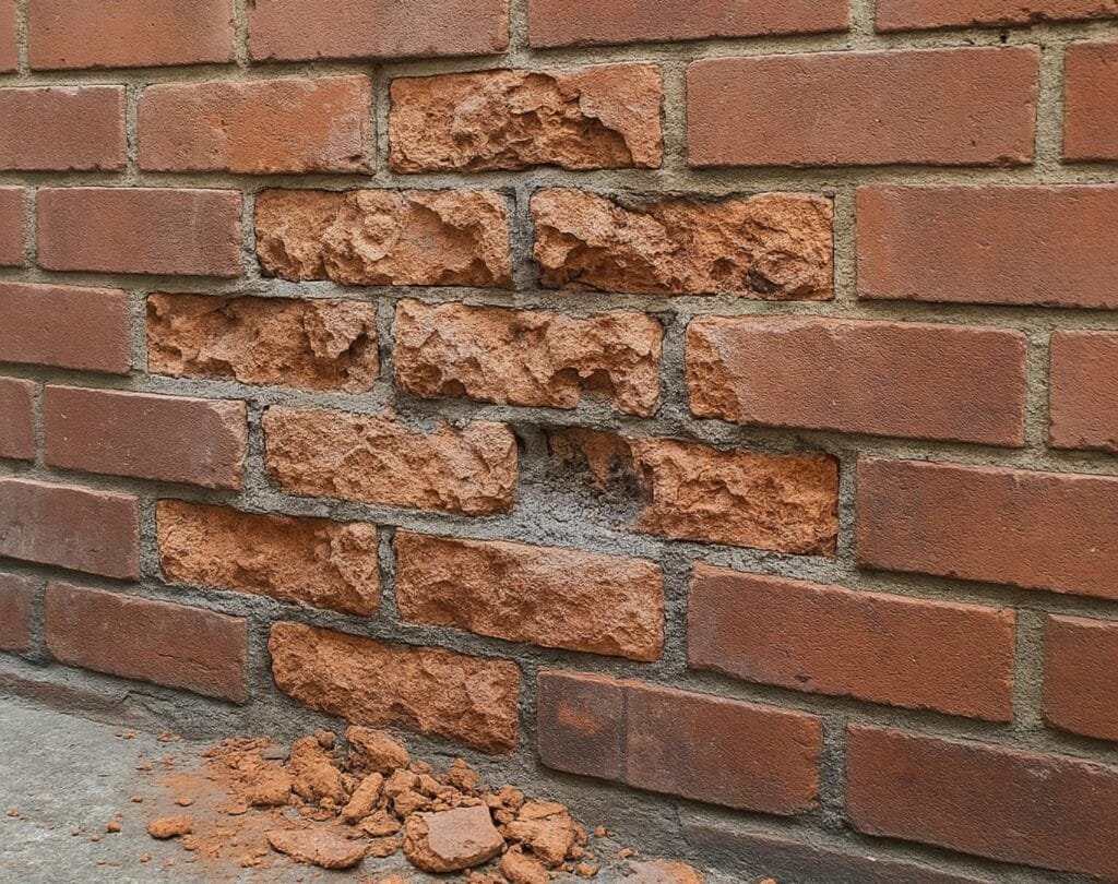Close-up view of severe brick spalling on an exterior NYC masonry wall, showing flaking brick surfaces, crumbling fragments at the base, and visible moisture damage