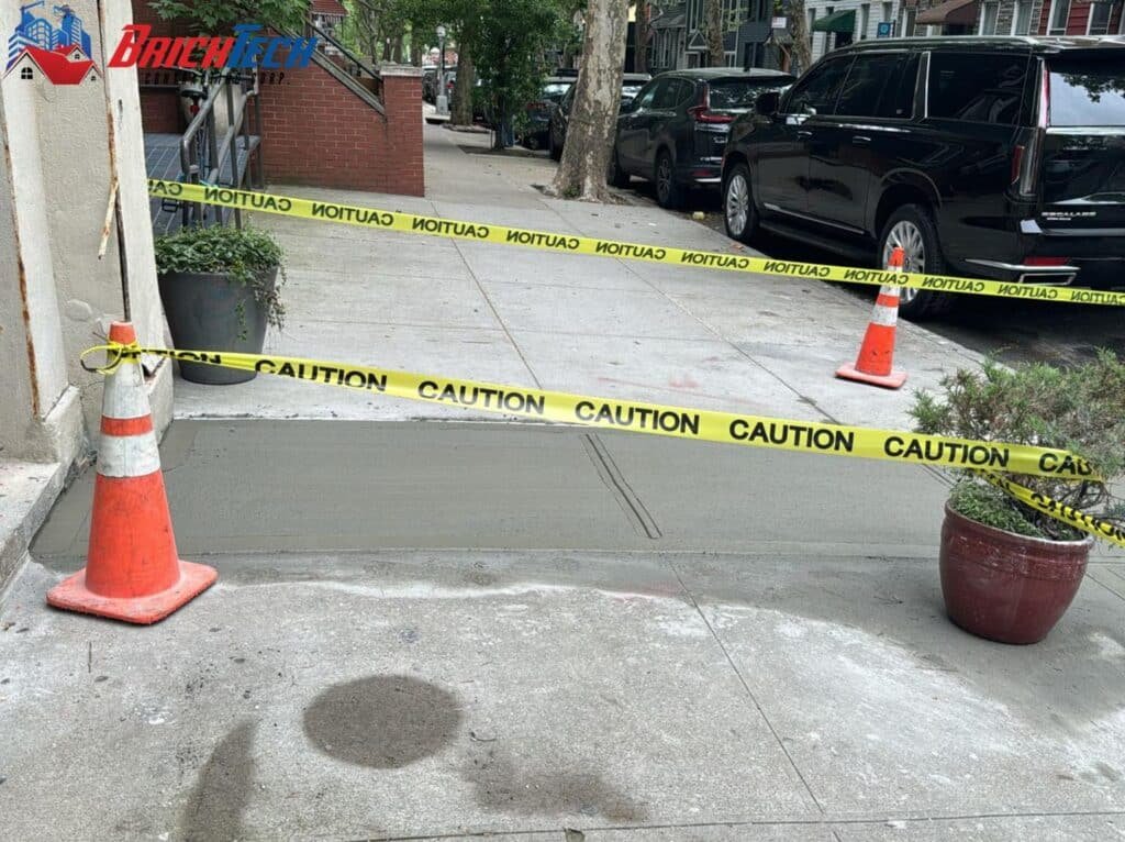 New concrete sidewalk installation in front of a property in New York City