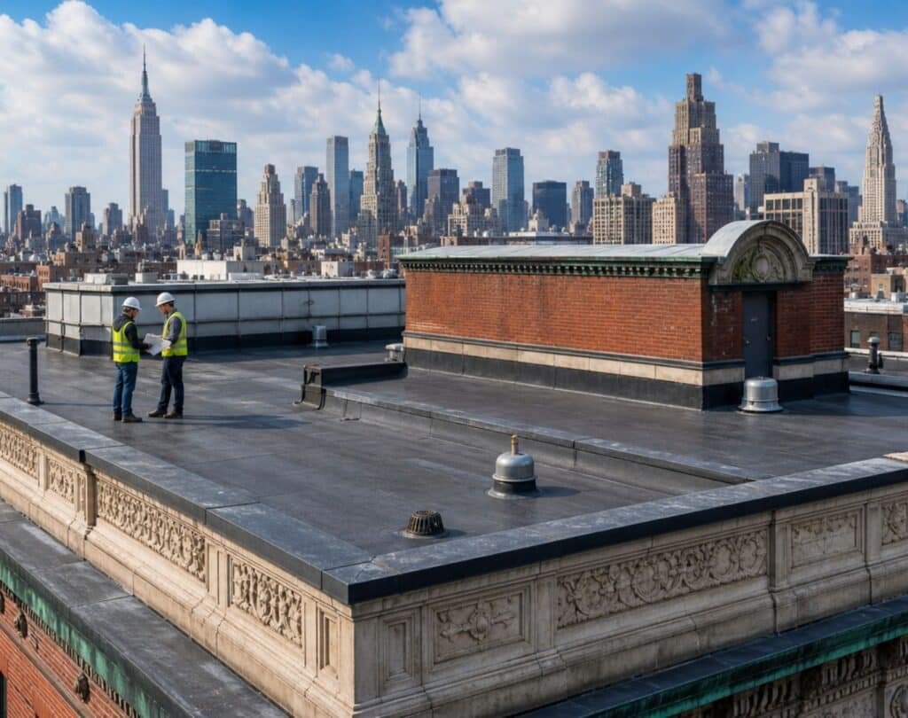 Commercial roofing inspection on a historic NYC landmark building with a flat roof, parapet walls, and city skyline in the background.