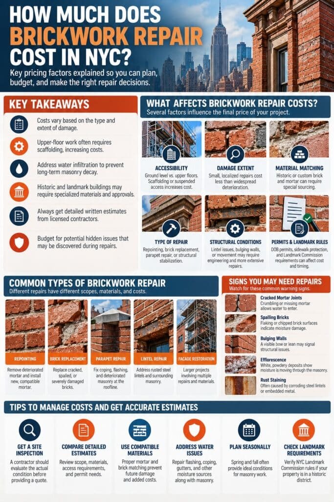 Infographic explaining brickwork repair costs in NYC, including accessibility, damage extent, material matching, repair types, and masonry warning signs