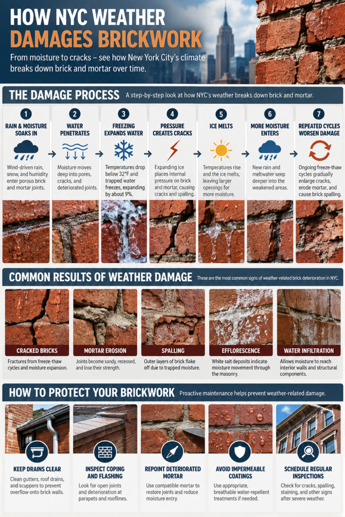 NYC weather damage to brickwork showing freeze-thaw cycles, cracked bricks, mortar erosion, spalling, moisture infiltration, and prevention tips