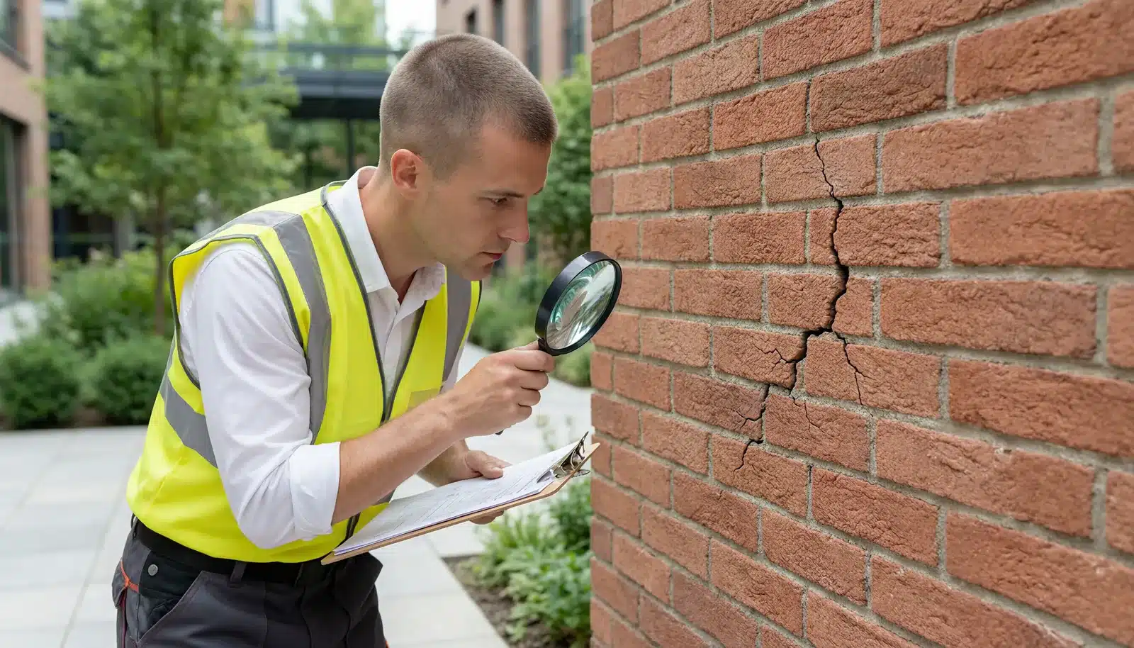 A building inspector carefully examining brick masonry for signs of wear and damage.