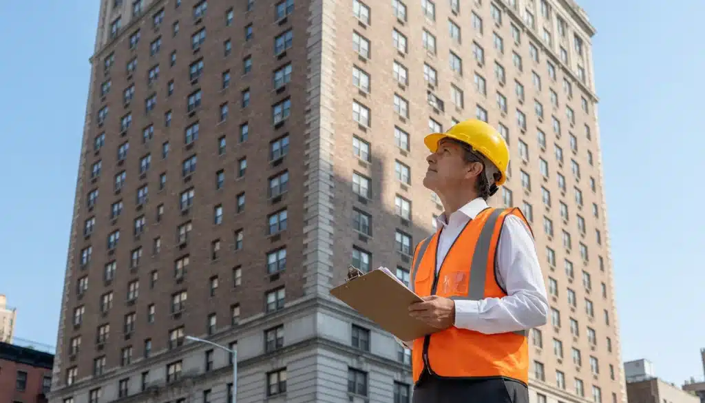 Building inspector examining a tall New York City masonry facade for structural integrity.