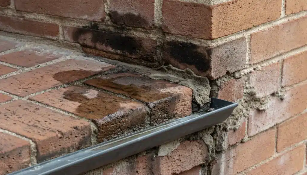 Close-up of a brick window sill showing water infiltration and masonry damage.