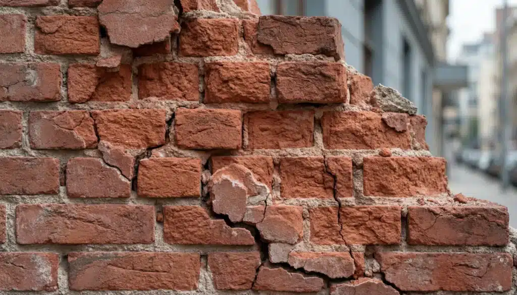 crumbling clay bricks city building facade demonstrating