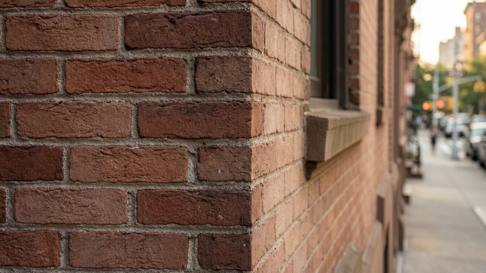 A detailed view of historic NYC brownstone brickwork showing professional maintenance and care.