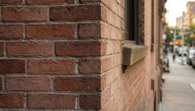 A detailed view of historic NYC brownstone brickwork showing professional maintenance and care.
