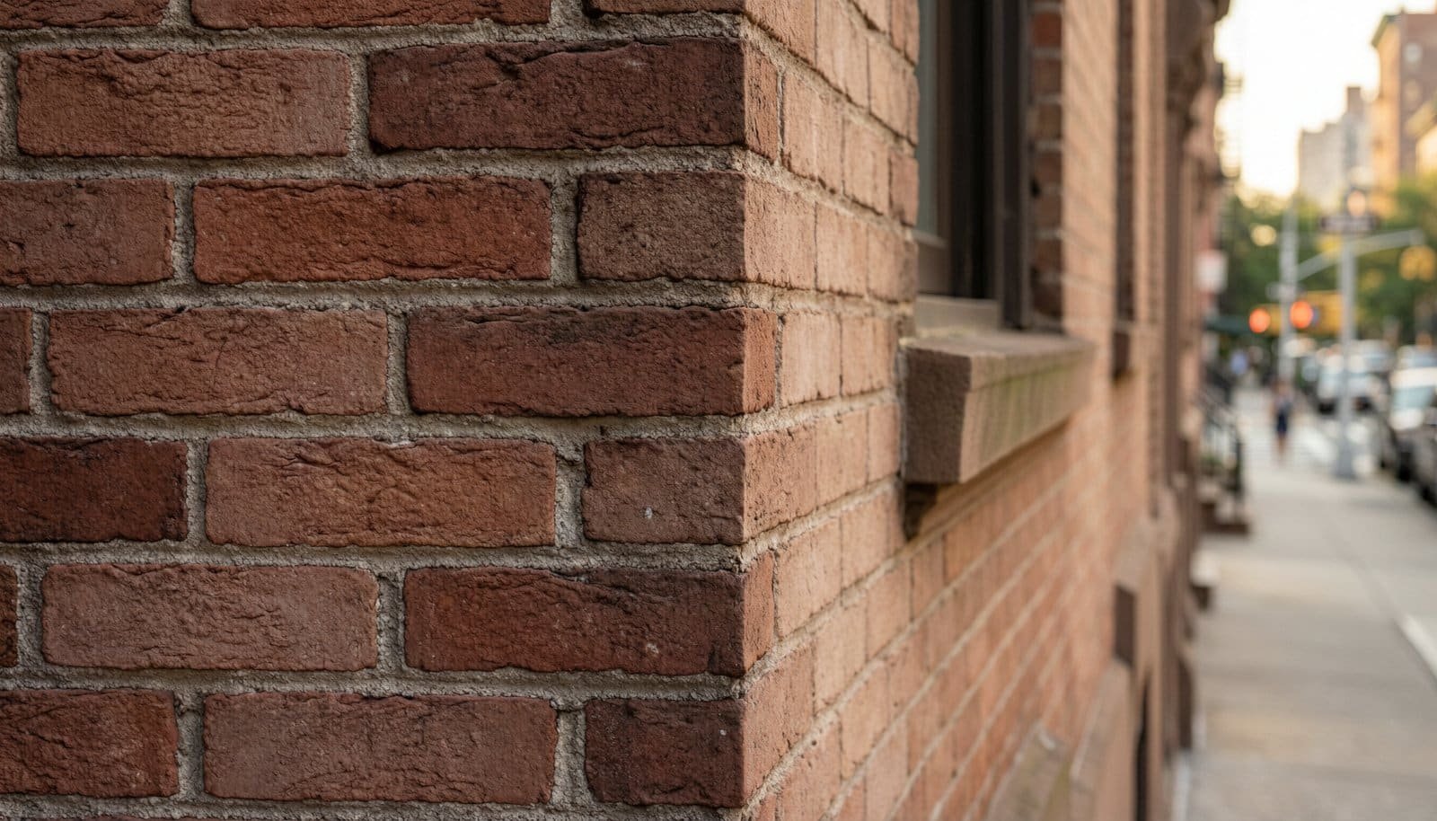 A detailed view of historic NYC brownstone brickwork showing professional maintenance and care.