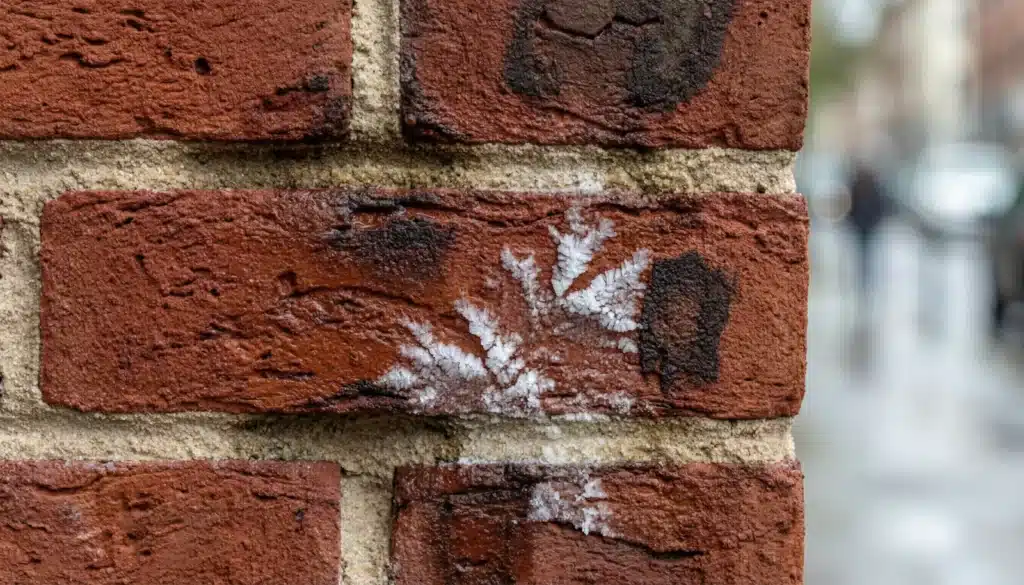 porous brick wall showing. moisture saturation eroded mortar