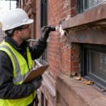 Contractor inspecting brick mortar joints and window lintel on an NYC brownstone facade before winter