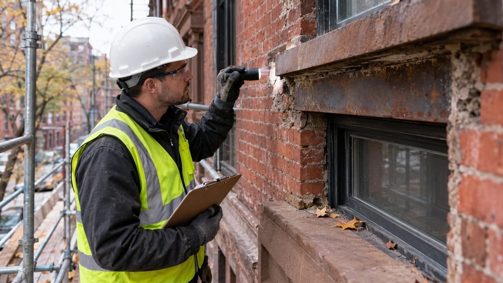 Contractor inspecting brick mortar joints and window lintel on an NYC brownstone facade before winter