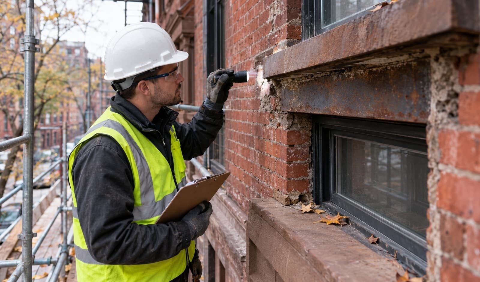 Contractor inspecting brick mortar joints and window lintel on an NYC brownstone facade before winter